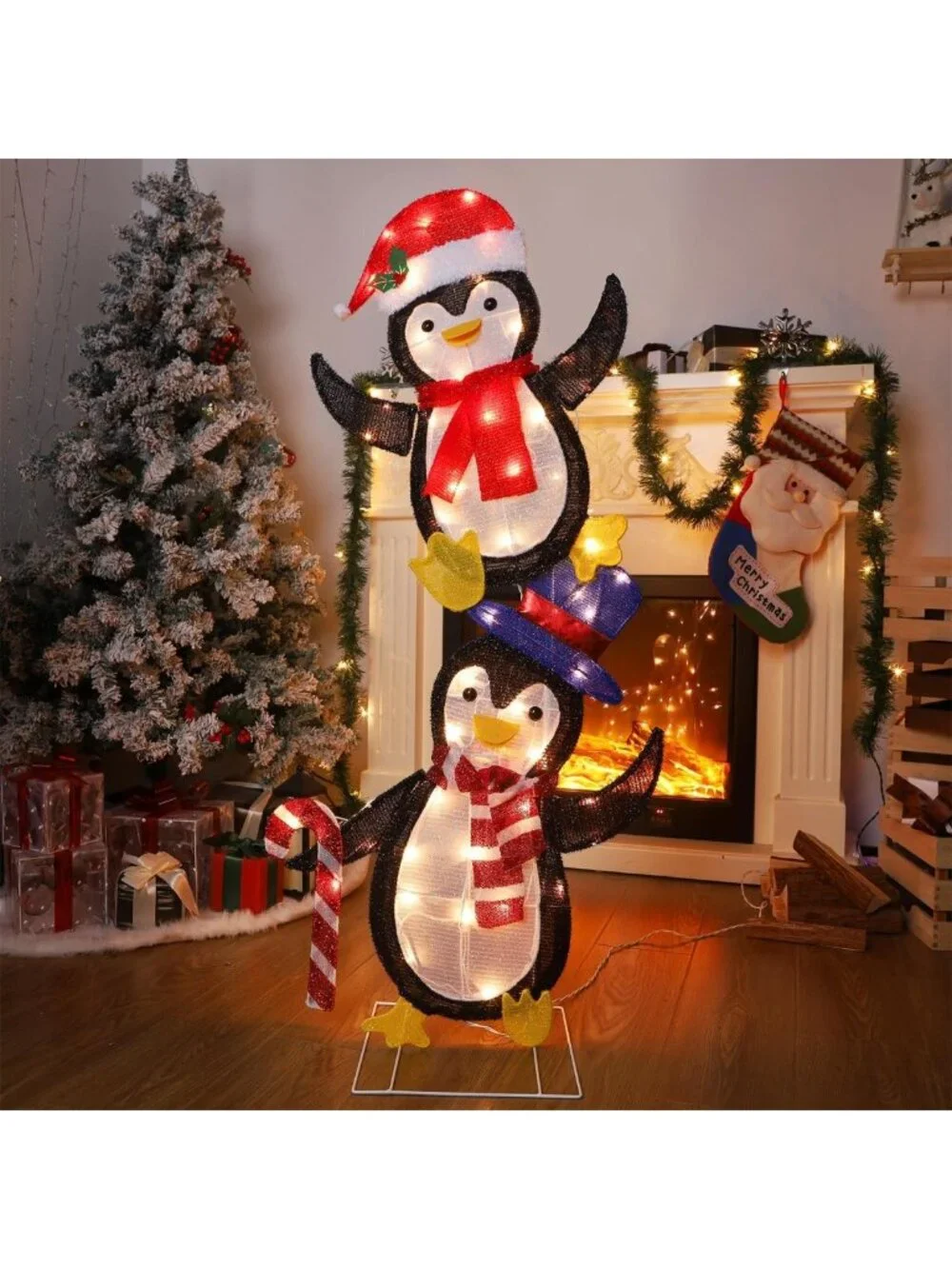 Set of 2 Lighted Tinsel Penguins - Pre-Lit 2D Holiday Decor for Indoor/Outdoor